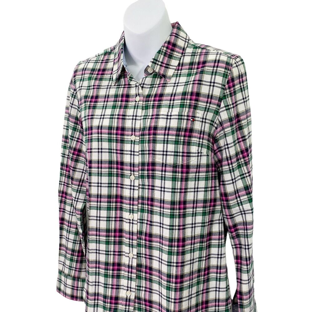 Tommy Hilfiger Womens Medium Button Front Shirt Green Plaid Pink Long‎ Sleeve